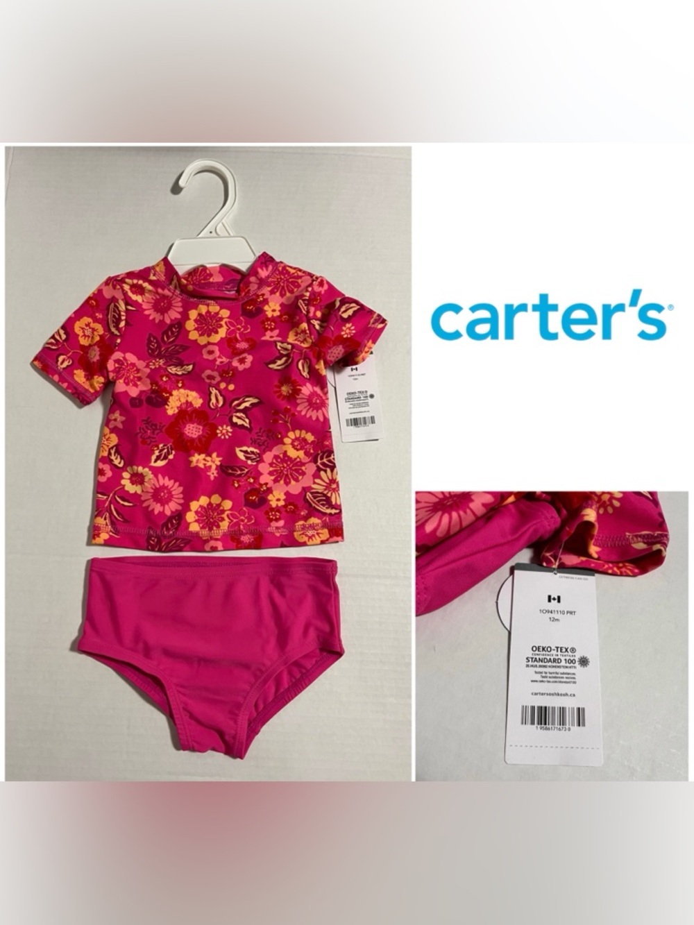 🆕CARTER’S - 12M - NWT - INFANT GIRLS 2PC PINK FLORAL SWIMSUIT / SWIMWEAR